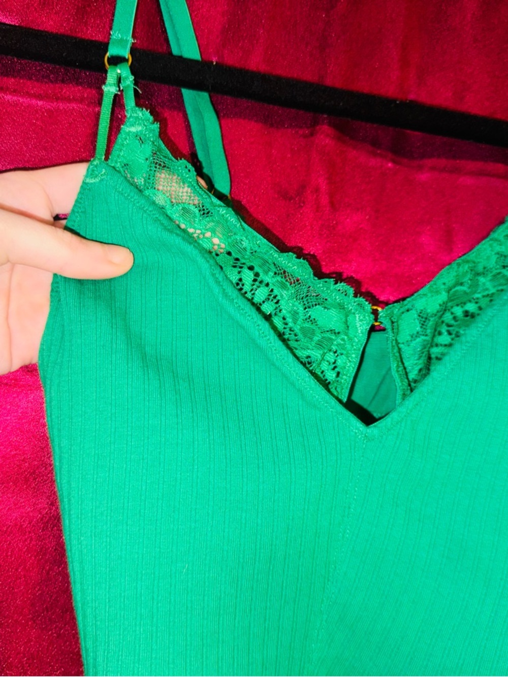 👑 like new aerie Green Ribbed Lace Trim Camisole size small - Picture 4 of 7